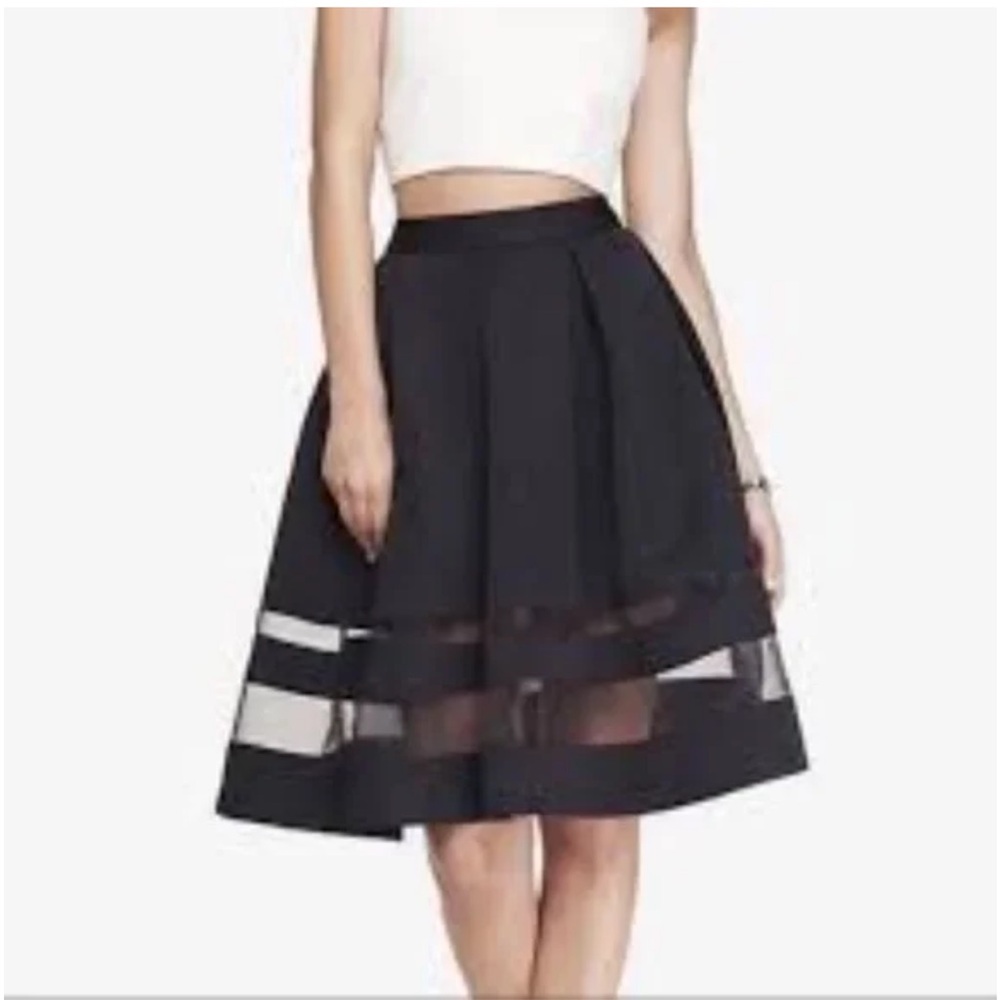 Express Pleated Black Midi Skirt With Mesh Panels
